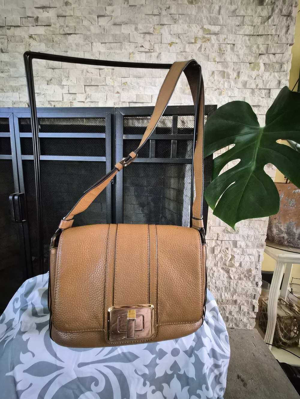 Michael Kors Women's Tan Leather Crossbody Bag with Gold Buckle